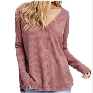Waffle Knotted Knit Top, mauve Size L